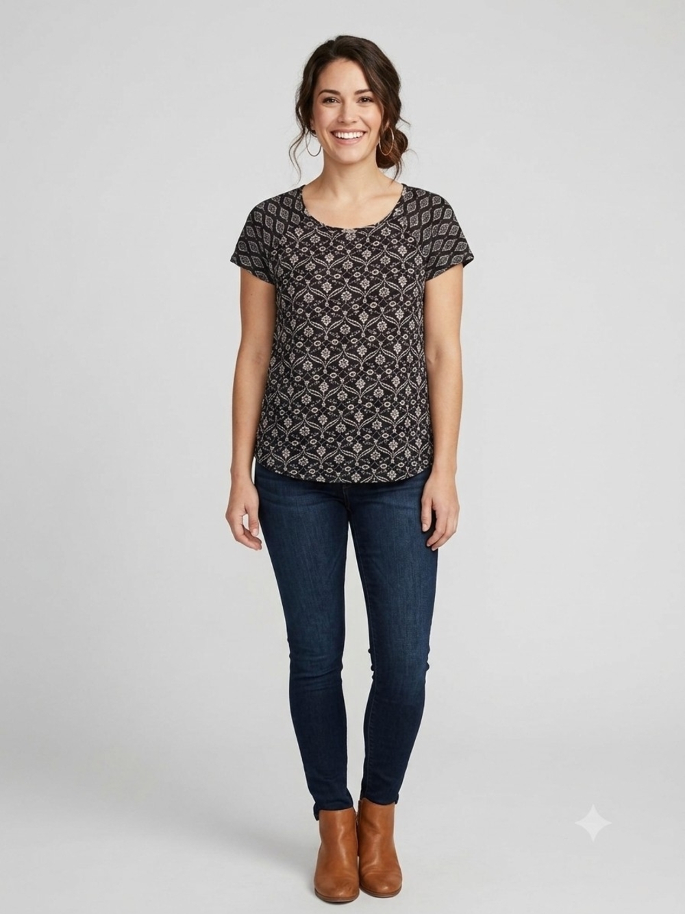 Lucky Brand Black Patterned Short Sleeve Scoop Neck Top